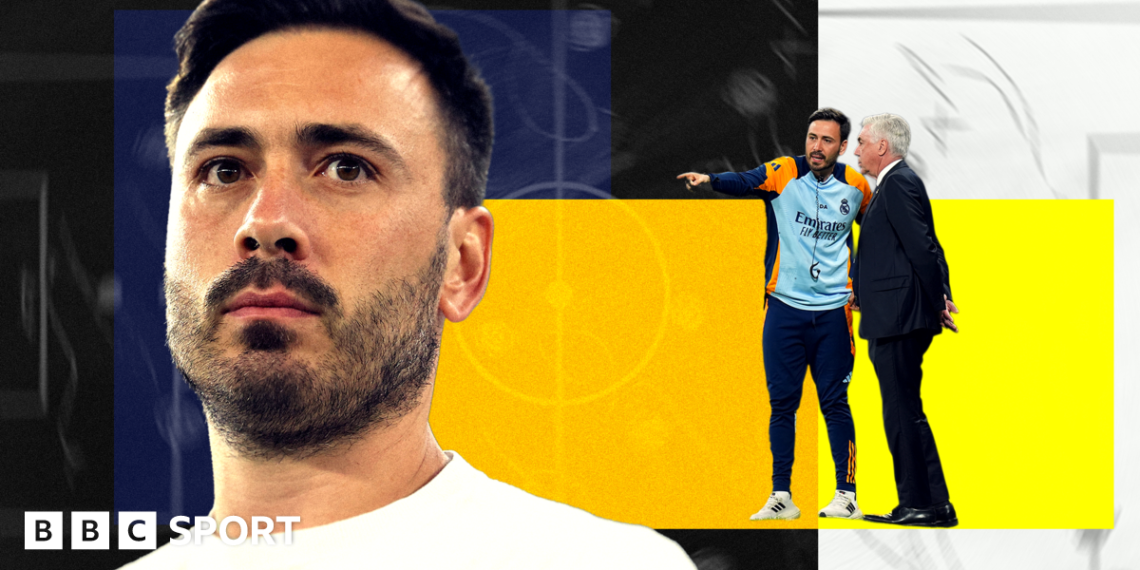 Stylised image of Davide Ancelotti in front of a colourful background with a tactics board overlay. On the right of the image is an overlay of Davide with his father Carlo Ancelotti from a match when the pair were manager and assistant manager of Real Madrid.