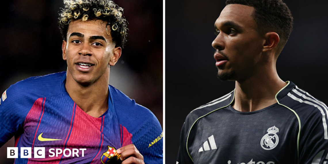 Split picture, with Lamine Yamal smiling and holding the badge on his Barcelona shirt, and Trent Alexander-Arnold expressionless in Real Madrid's black away kit