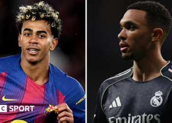 Split picture, with Lamine Yamal smiling and holding the badge on his Barcelona shirt, and Trent Alexander-Arnold expressionless in Real Madrid's black away kit