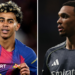 Split picture, with Lamine Yamal smiling and holding the badge on his Barcelona shirt, and Trent Alexander-Arnold expressionless in Real Madrid's black away kit