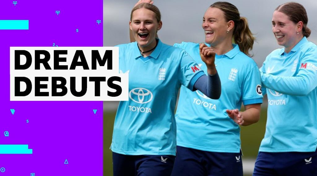 Jodi Grewcock, Dani Gibson, and Tilly Corteen-Coleman smile after their wickets in ODI against New Zealand