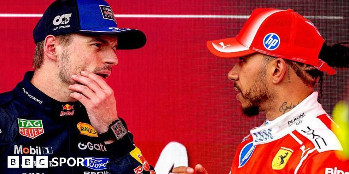 Red Bull's Max Verstappen and Ferrari's Lewis Hamilton in discussions at the Canadian Grand Prix
