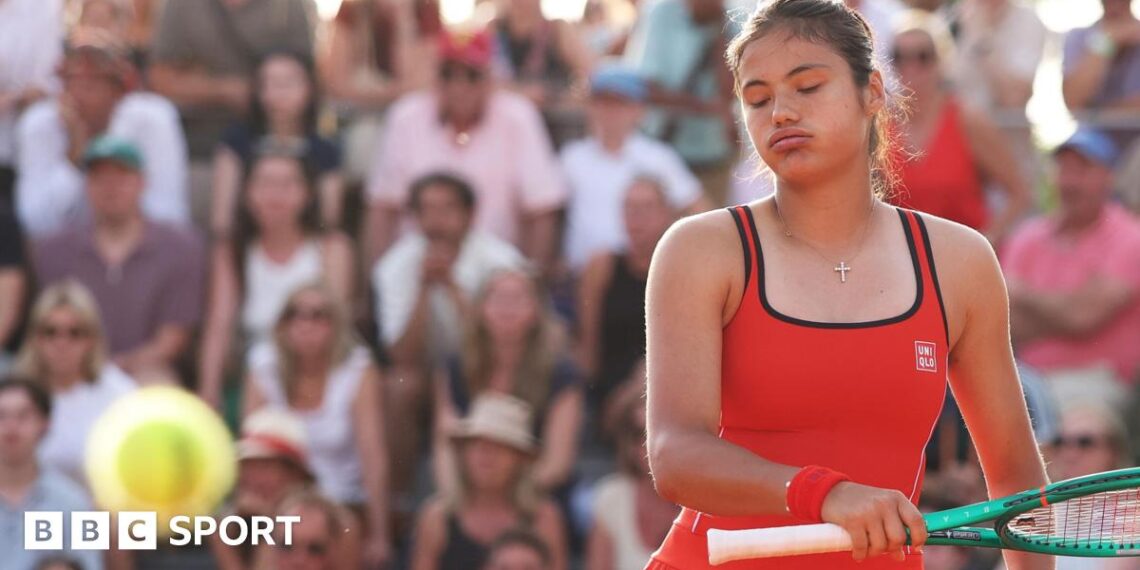 Emma Raducanu sighs as she watches the ball go past her for a winner at the 2026 French Open