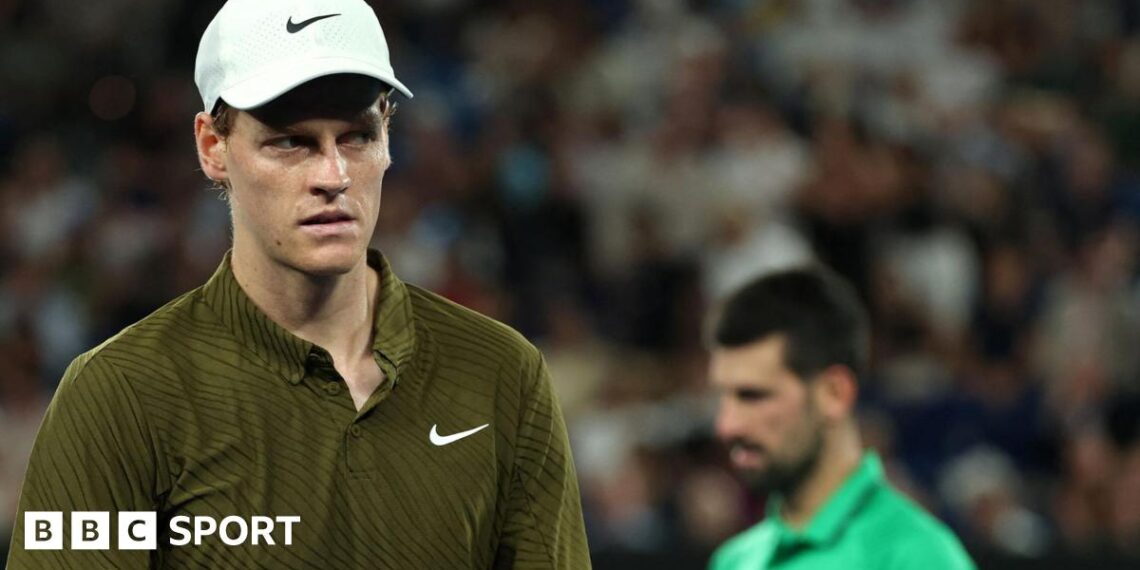 Jannik Sinner and Novak Djokovic react during their Australian Open semi-final