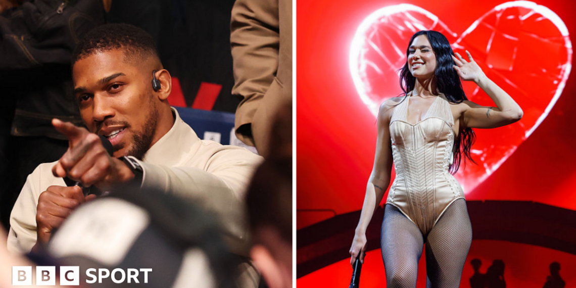 Split image of Anthony Joshua pointing and Dua Lipa peforming