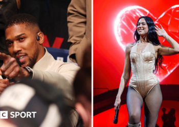 Split image of Anthony Joshua pointing and Dua Lipa peforming