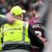 Hearts' Lawrence Shankland with stewards at full time during a William Hill Premiership match between Celtic and Heart of Midlothian at Celtic Park, on May 16, 2026, in Glasgow, Scotland.