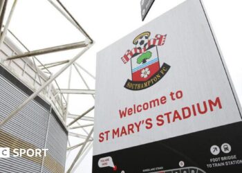 A general view of a sign showing Southampton's badge outside St Mary's Stadium