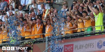 Hull players lift the trophy after winning the Championship play-offs at Wembley