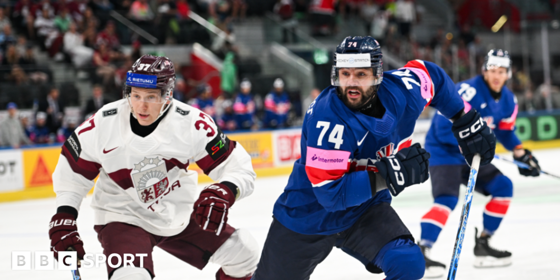 Great Britain in action against Latvia at the Ice Hockey World Championship