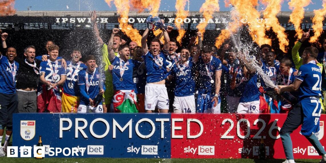 Ipswich celebrate after beating QPR to seal promotion from the Championship