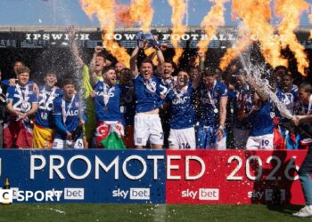 Ipswich celebrate after beating QPR to seal promotion from the Championship