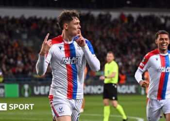 Jorgen Stand Larsen celebrates scoring for Crystal Palace