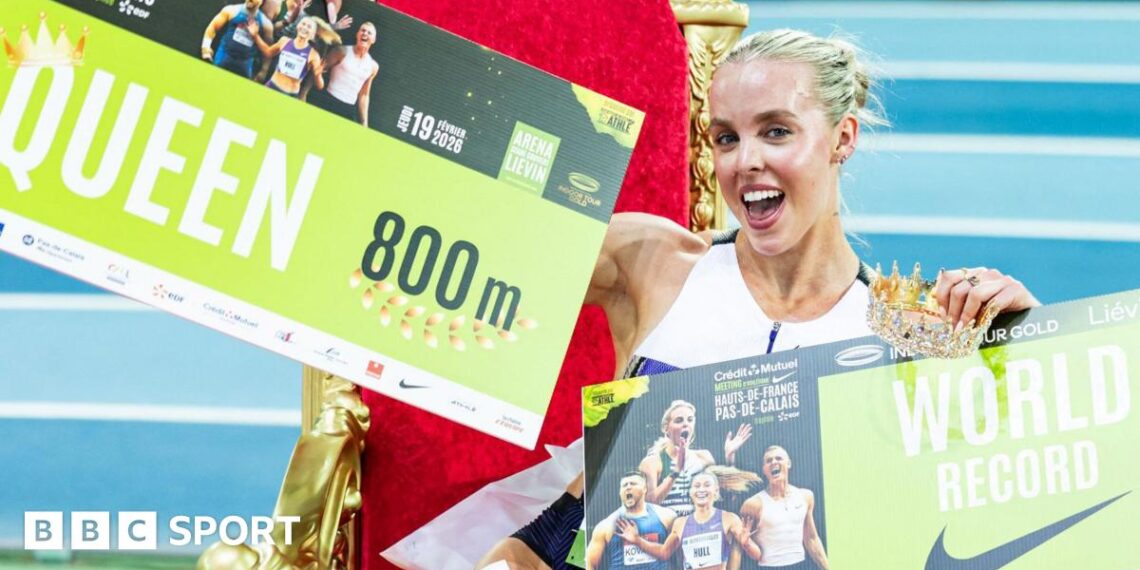 Keely Hodgkinson poses on a throne after breaking the world indoor 800m record
