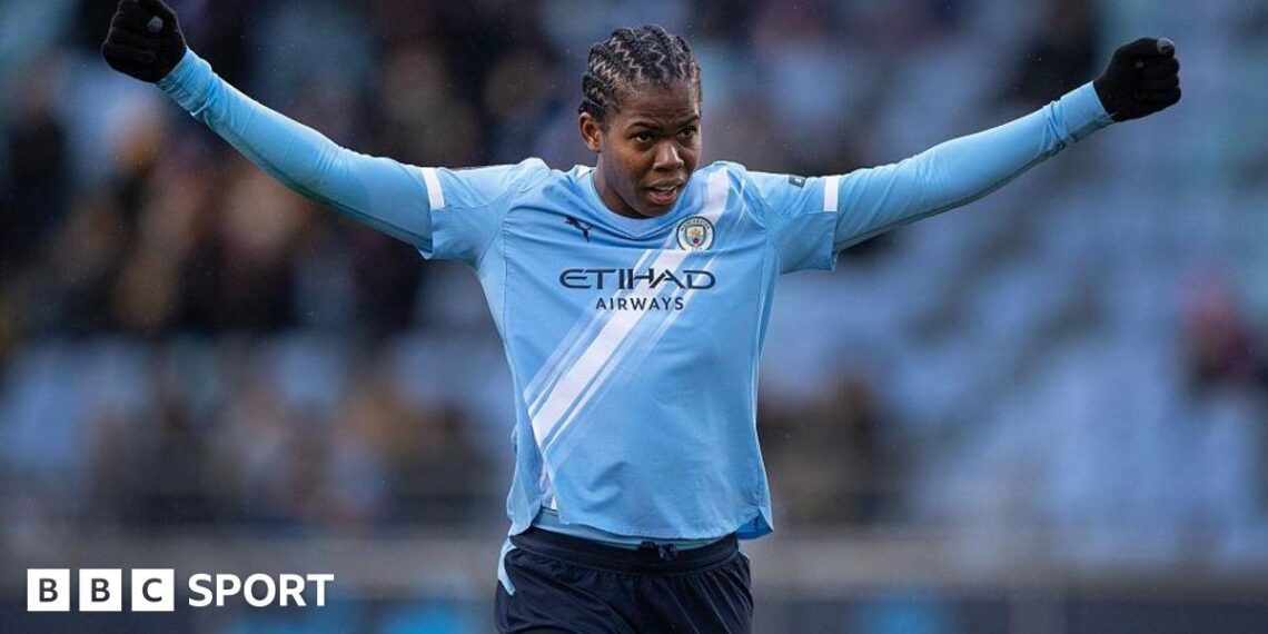Khadija Shaw celebrates scoring for Manchester City in the Women's Super League