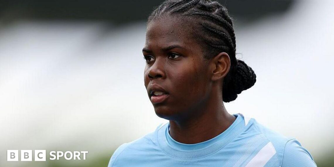 Manchester City striker Khadija Shaw looks on during the Women's Super League match between Manchester City and Liverpool at Joie Stadium on 3 May, 2026
