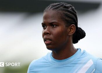 Manchester City striker Khadija Shaw looks on during the Women's Super League match between Manchester City and Liverpool at Joie Stadium on 3 May, 2026