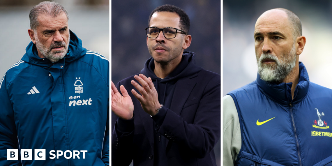 A split picture of Ange Postecoglou, Liam Rosenior and Igor Tudor