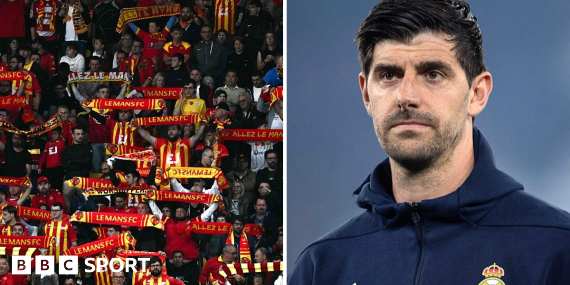 A split image showing fans of Le Mans FC alongside Real Madrid goalkeeper Thibaut Courtois