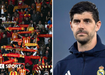 A split image showing fans of Le Mans FC alongside Real Madrid goalkeeper Thibaut Courtois