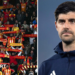 A split image showing fans of Le Mans FC alongside Real Madrid goalkeeper Thibaut Courtois