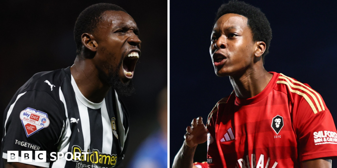 Split image of Notts County's Lee Ndlovu celebrating victory (left) and Salford's Kallum Cesay celebrating a goal