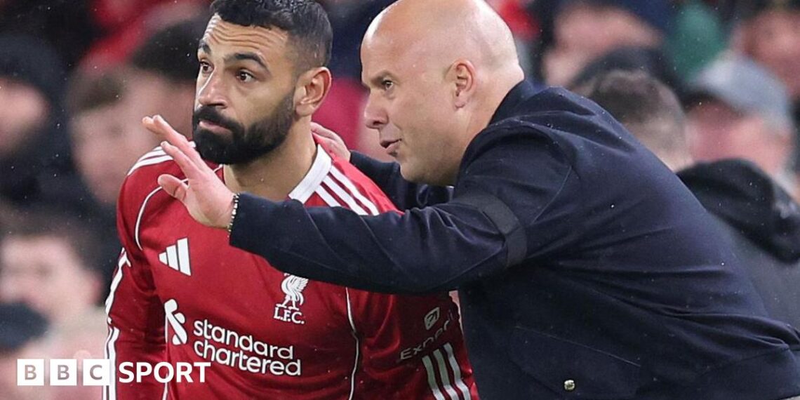 Liverpool forward Mohamed Salah and Reds manager Arne Slot