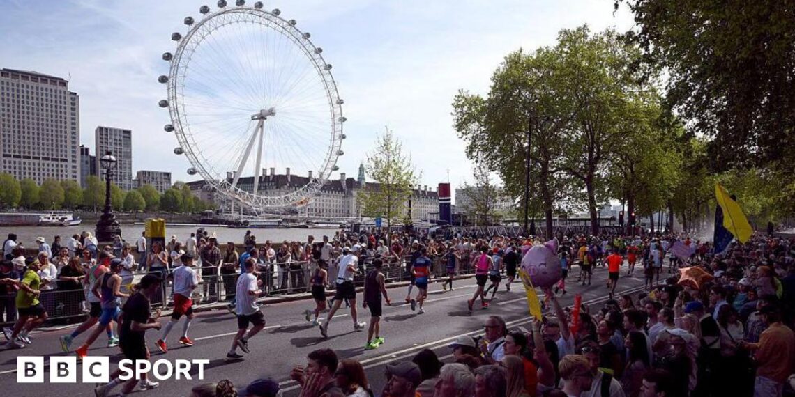 London Marathon runners with the London Eye in the background