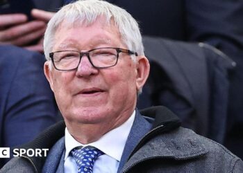 Sir Alex Ferguson pictured during the Scotland and Ivory Coast match at Everton's Hill Dickinson Stadium in March 2026