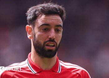Bruno Fernandes playing for Manchester United, wearing the club's red kit