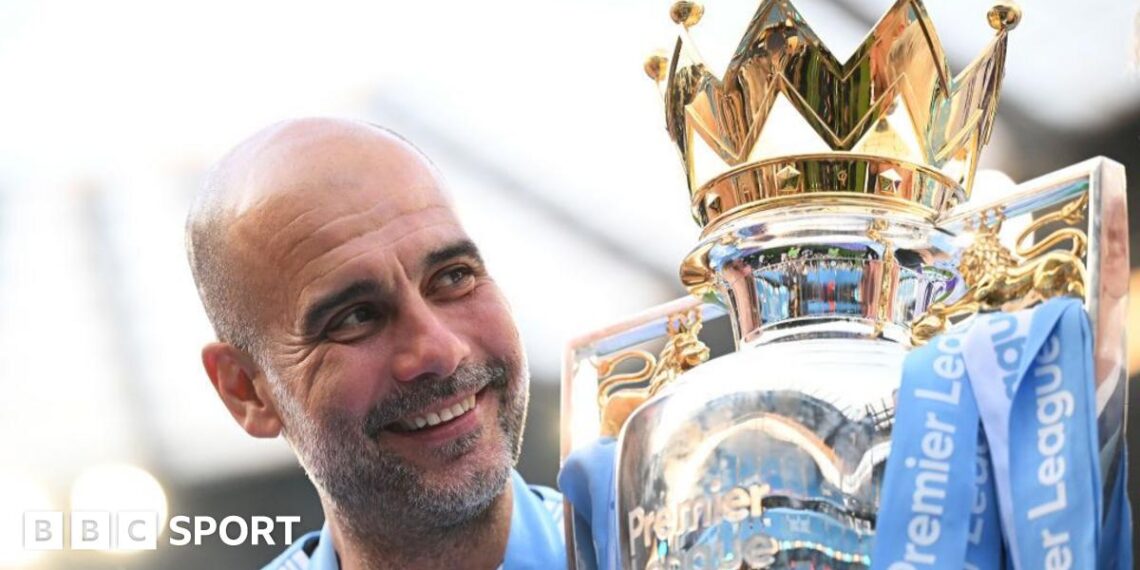 Pep Guardiola holds up six fingers to fans to indicate the six Premier League titles won after their match with Liverpool in December 2024