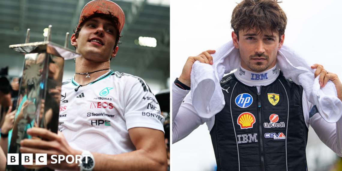 A split image of Kimi Antonelli and Charles Leclerc