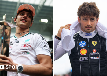 A split image of Kimi Antonelli and Charles Leclerc