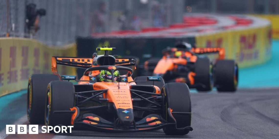 McLaren's Lando Norris ahead of team-mate Oscar Piastri during the Miami Grand Prix sprint