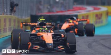 McLaren's Lando Norris ahead of team-mate Oscar Piastri during the Miami Grand Prix sprint