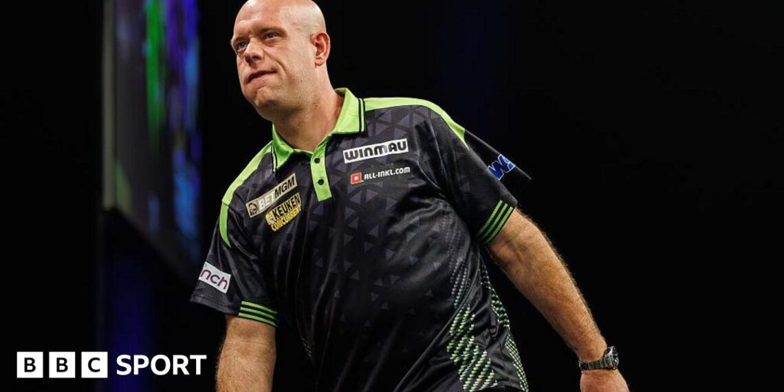 Michael van Gerwen looking frustrated figure during his loss to Luke Humphries
