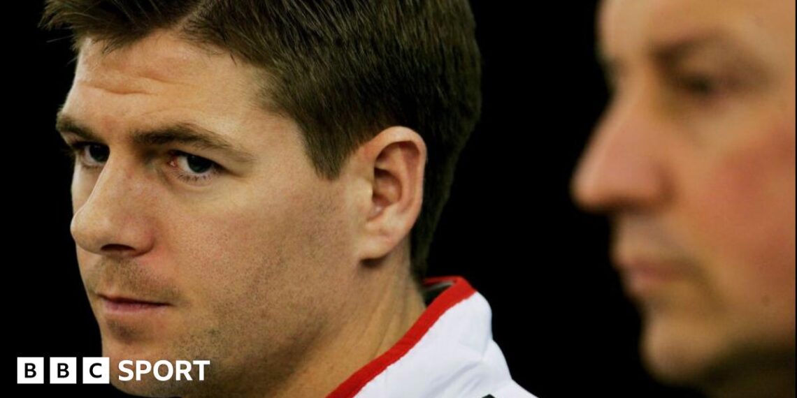 Former Liverpool captain Steven Gerrard celebrates winning the Champions League in 2005 with manager Rafael Benitez.