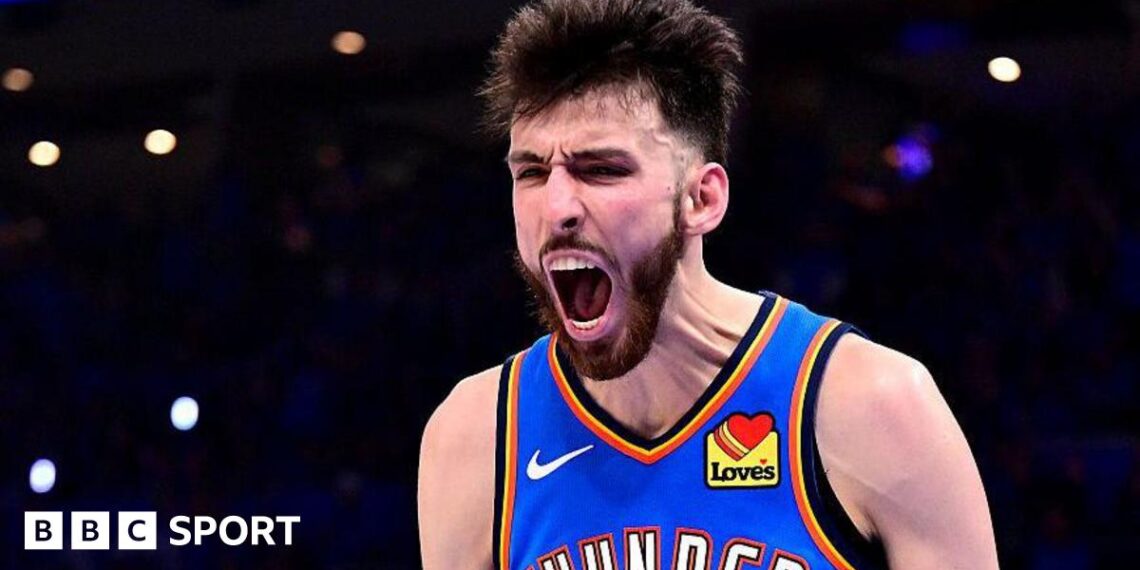 Chet Holmgren celebrates after scoring for the Oklahoma City Thunder during game one of their NBA play-off series with the Los Angeles Lakers in May 2026
