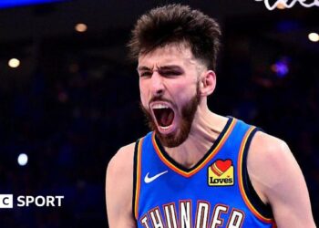 Chet Holmgren celebrates after scoring for the Oklahoma City Thunder during game one of their NBA play-off series with the Los Angeles Lakers in May 2026