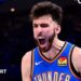 Chet Holmgren celebrates after scoring for the Oklahoma City Thunder during game one of their NBA play-off series with the Los Angeles Lakers in May 2026