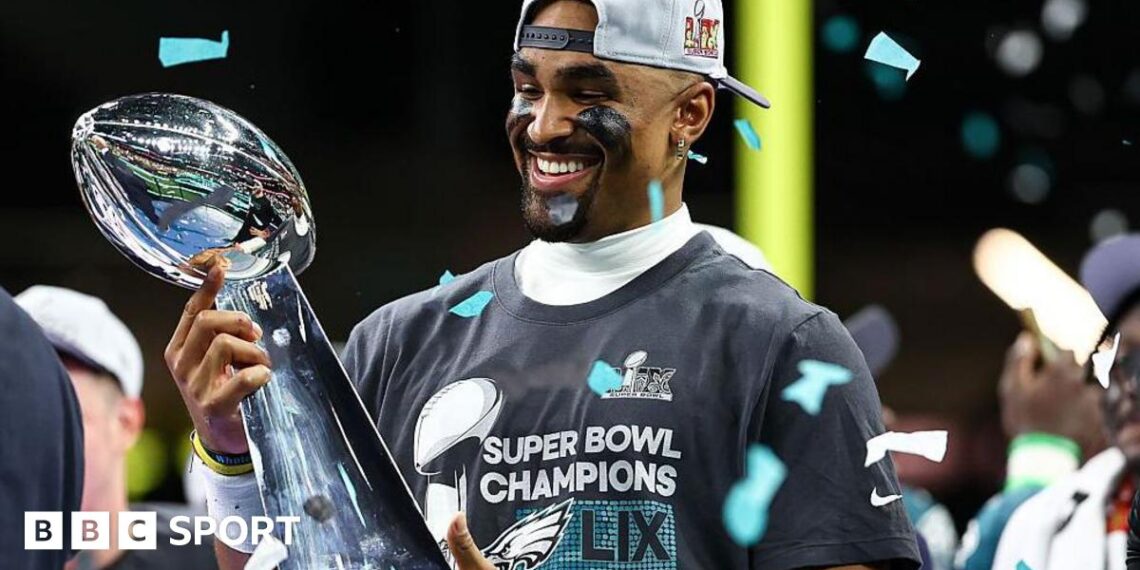 Jalen Hurts with with the Vince Lombardi Trophy after the Philadelphia Eagles beat the Kansas City Chiefs in the 2025 Super Bowl