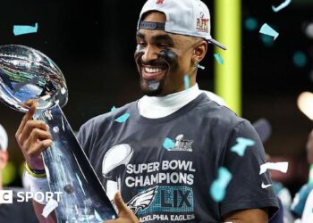 Jalen Hurts with with the Vince Lombardi Trophy after the Philadelphia Eagles beat the Kansas City Chiefs in the 2025 Super Bowl