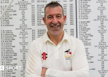 Nigel Martyn in front of the England honours board at Loughborough