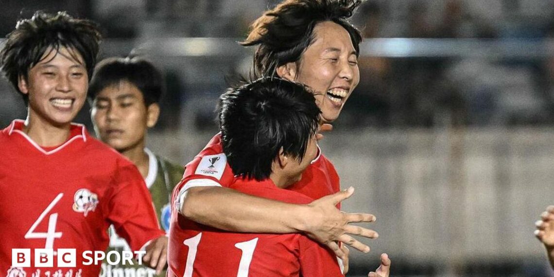 Ri Kum-Hyang of Naegohyang Women's FC celebrates with team-mates after scoring a goal during the AFC Women's Champions League match between Naegohyang and ISPE