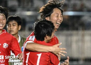 Ri Kum-Hyang of Naegohyang Women's FC celebrates with team-mates after scoring a goal during the AFC Women's Champions League match between Naegohyang and ISPE