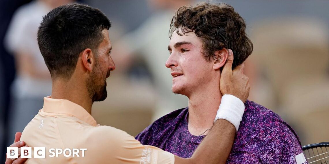 Novak Djokovic and Joao Fonseca share a warm embrace after their French Open match