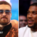 Oleksandr Usyk wearing sunglasses and and orange vest and Anthony Joshua wearing a white t-shirt
