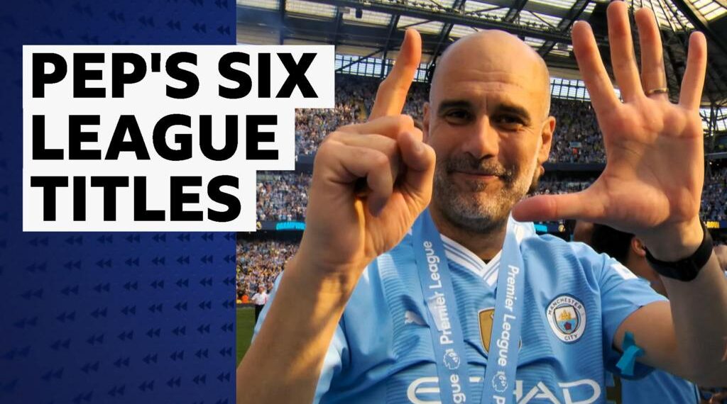 Pep Guardiola with six fingers up, smiles to camera