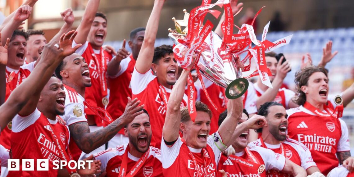 A graphic of Premier League players from every team in the division in 2025-26 season, with the Premier League trophy in front of them.