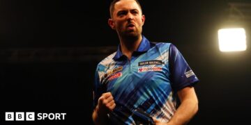 Luke Humphries celebrates following victory during night fifteen of the 2026 Premier League Darts at the Utilita Arena, Birmingham